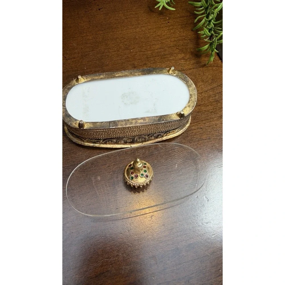 VTG Jewelry Casket Hollywood Regency Ormolu Oval Matson Brass Tooth Fairy Trinke